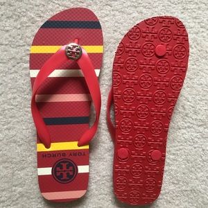 New Tory Burch Flip Flops Sandals - Red Striped